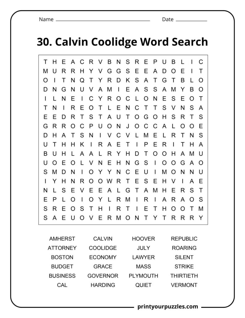 Medium difficulty Calvin Coolidge word search puzzle with U.S. history and presidency vocabulary.