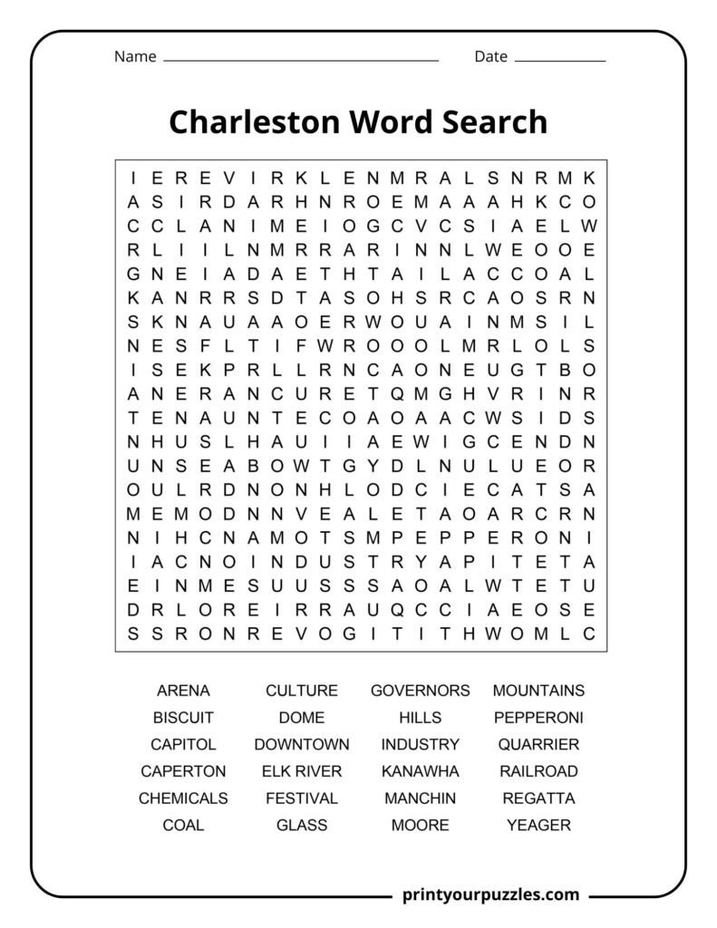 Challenging Charleston word search featuring a dense 20×20 grid and 30 themed words about culture, history, and landmarks.