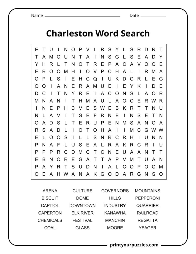 Medium-difficulty Charleston word search with a clear grid and 30 themed words related to culture, rivers, and landmarks.
