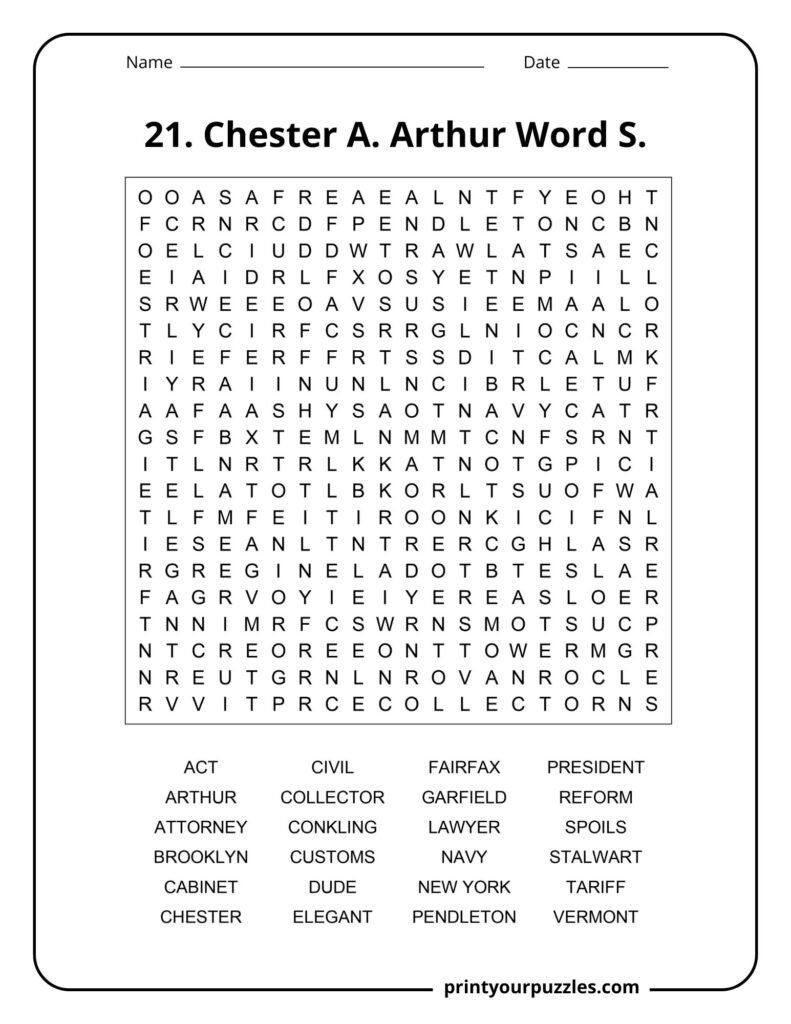 Hard Chester A. Arthur word search puzzle with a 20x20 grid and U.S. presidency vocabulary.