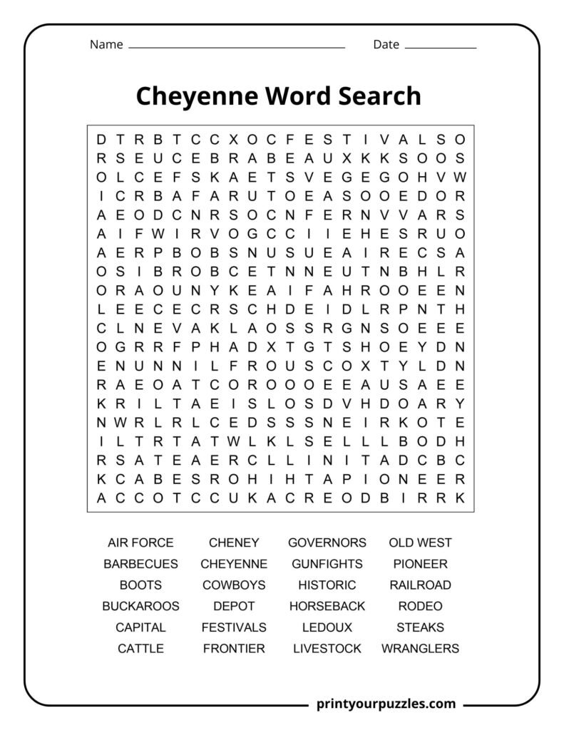 Cheyenne Word Search puzzle with a dense grid and Western-themed words like rodeo, cowboys, frontier, and railroad.