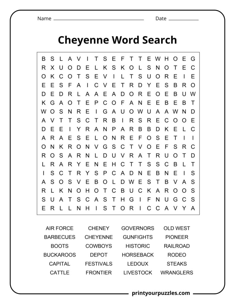 Medium Cheyenne Word Search puzzle with Western-themed vocabulary like rodeo, buckaroos, frontier, and Old West.