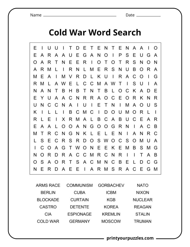 Medium Cold War word search worksheet with 24 historical vocabulary words for students and teachers.