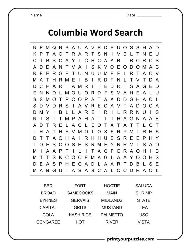 Hard Columbia-themed word search puzzle featuring a dense grid with 20 regional words to find.