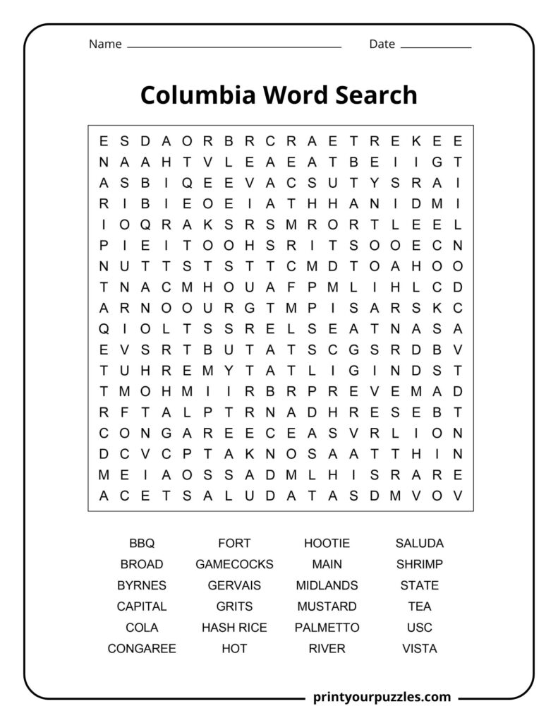 Medium Columbia word search puzzle displaying a clear grid with 20 themed words related to the city.