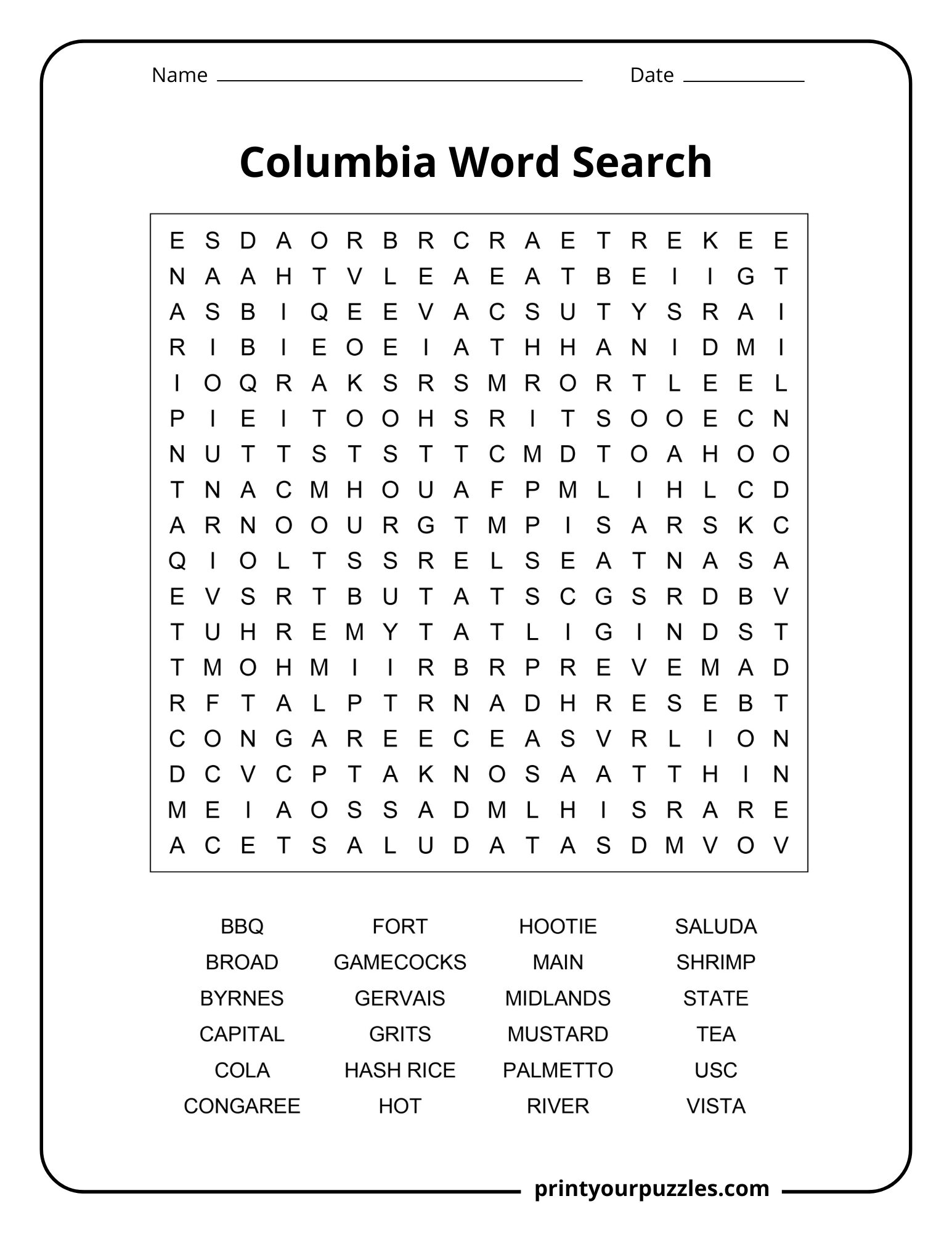 Medium Columbia word search puzzle displaying a clear grid with 20 themed words related to the city.