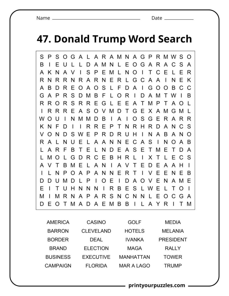 Donald J. Trump word search puzzle with dense grid and detailed political and business keyword list.