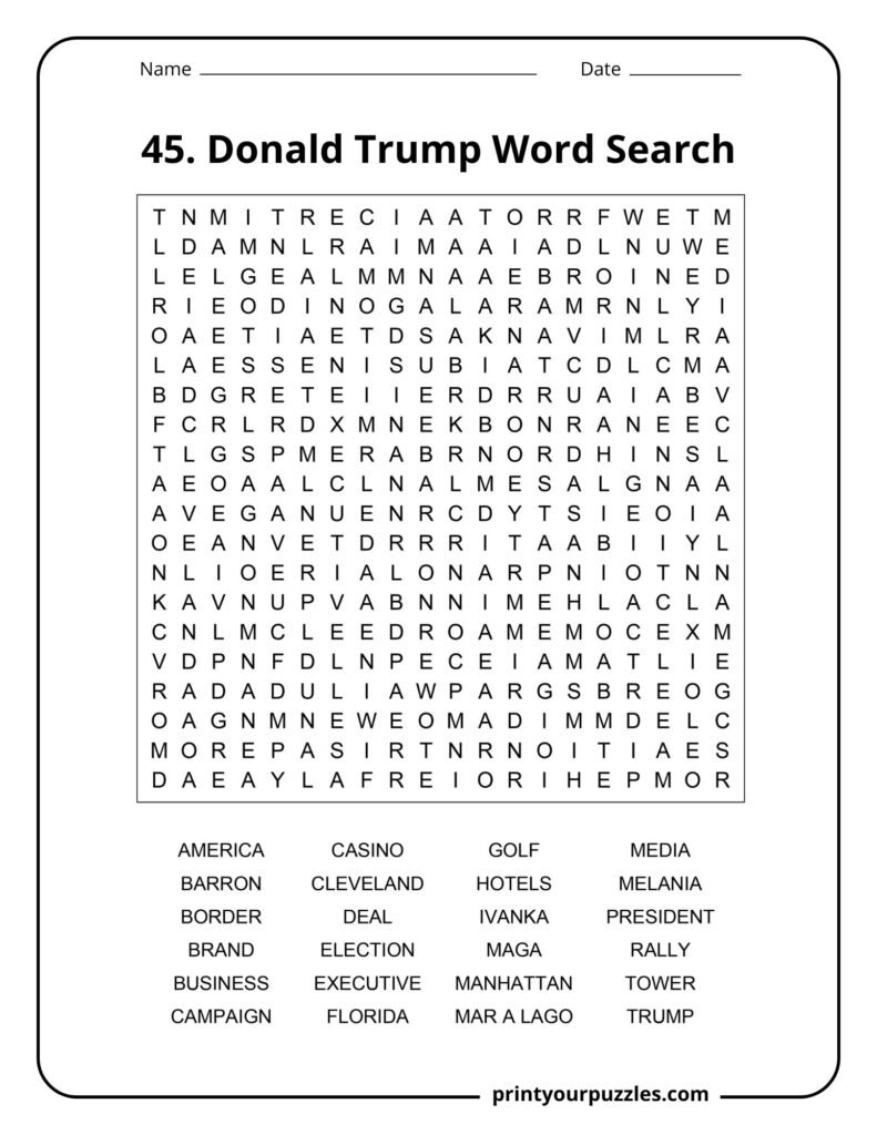 Donald J. Trump themed hard word search puzzle with large grid and detailed political keyword list.
