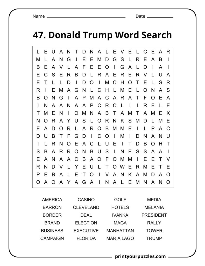 Donald J. Trump word search themed medium difficulty puzzle with balanced grid and clearly organized keyword list.