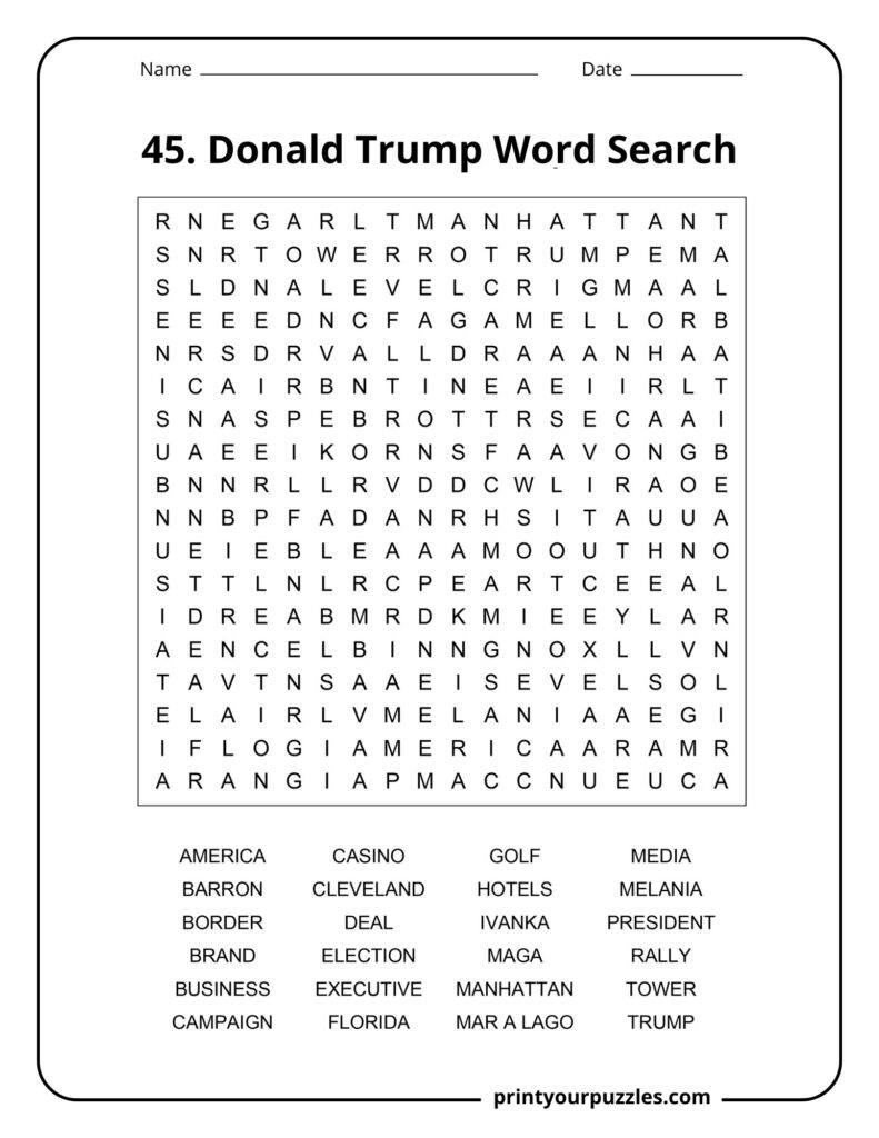 Donald J. Trump themed medium difficulty word search puzzle with balanced grid and clear keyword list.