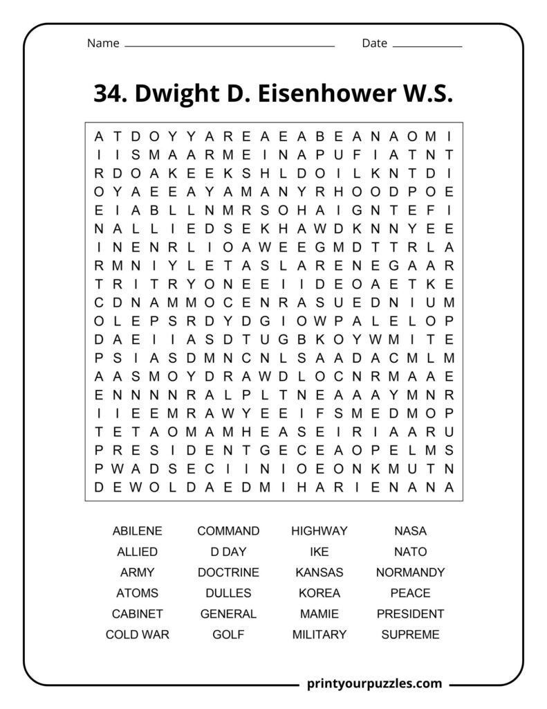 Hard Dwight D. Eisenhower word search puzzle featuring terms like NATO, D-Day, and Cold War in a dense grid.