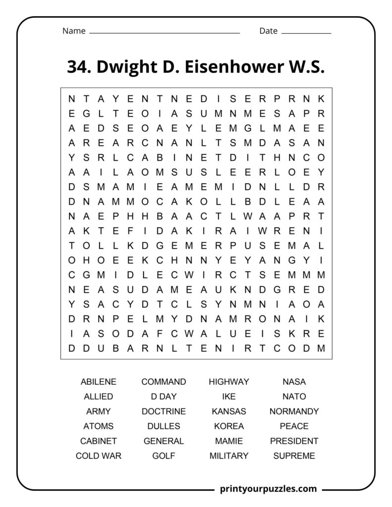 Medium difficulty Dwight D. Eisenhower word search puzzle with terms like Army, Kansas, NATO, and President.