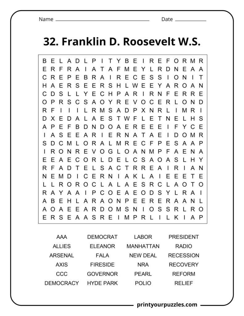 Hard Franklin D. Roosevelt word search puzzle with a 20x20 grid and terms about the 32nd U.S. president.