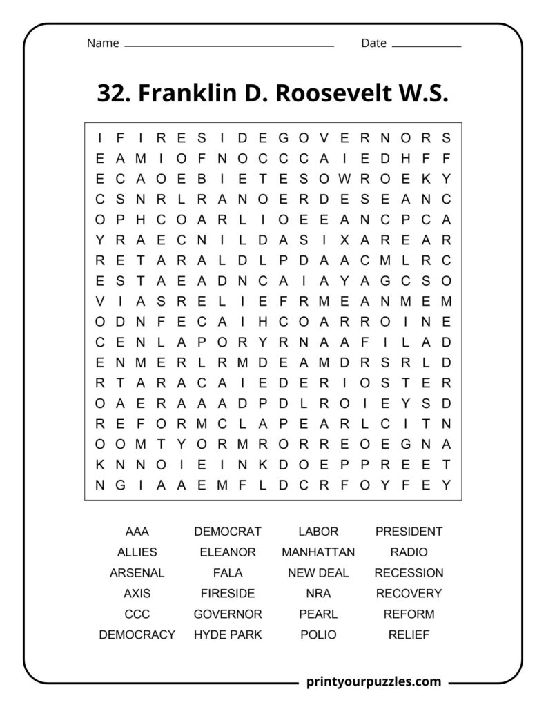 Medium difficulty Franklin D. Roosevelt word search puzzle with U.S. history and presidency vocabulary.