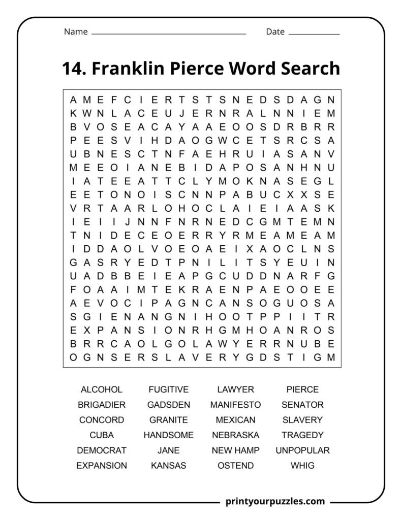 Hard Franklin Pierce word search puzzle with historical terms related to the 14th U.S. president.