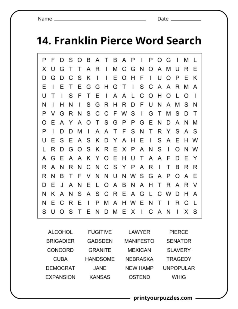 Medium difficulty Franklin Pierce word search puzzle with U.S. history vocabulary about the 14th president.