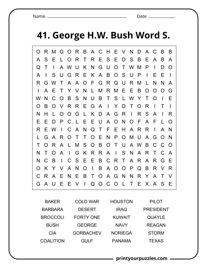 George H.W. Bush themed medium difficulty word search puzzle with clear grid and historical keywords.
