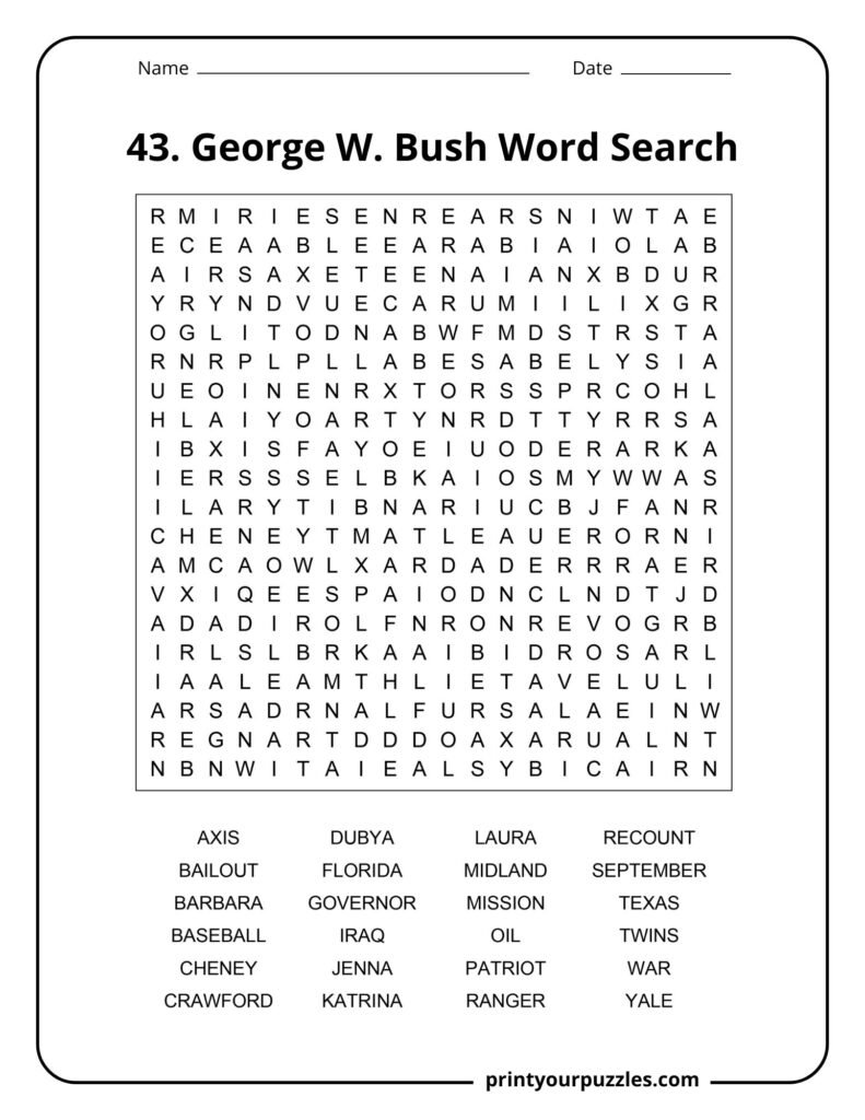 George W. Bush themed hard word search puzzle with dense grid and key political and historical terms.