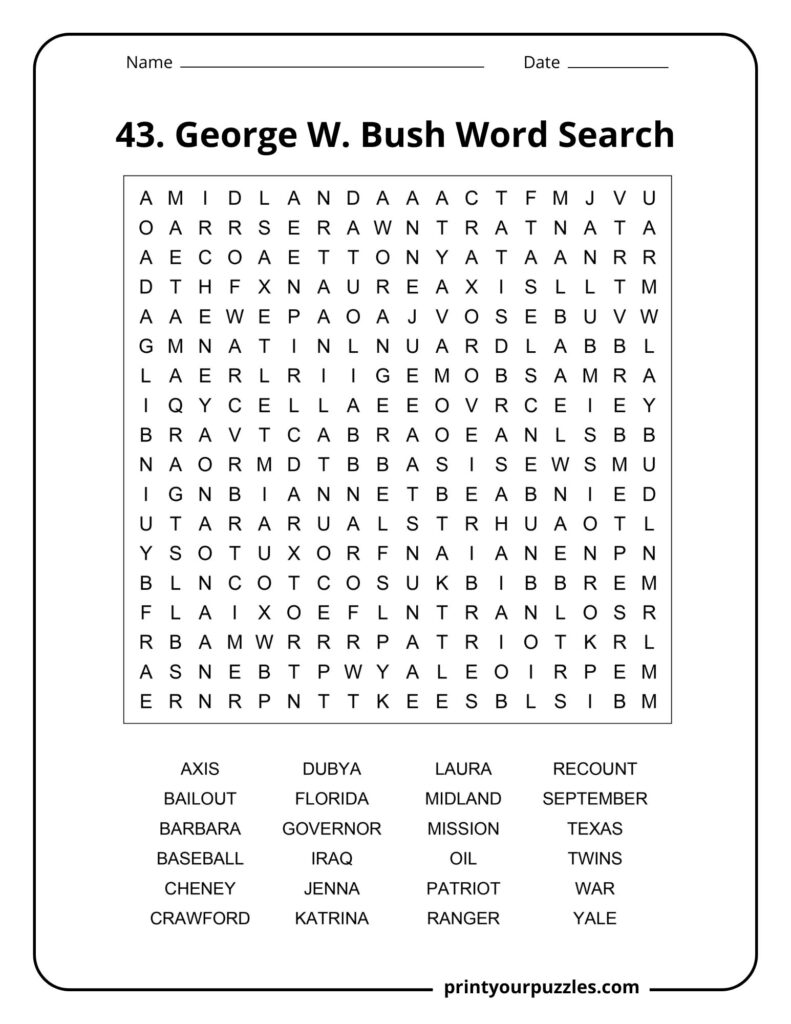 George W. Bush themed medium difficulty word search puzzle with clear layout and historical keywords.