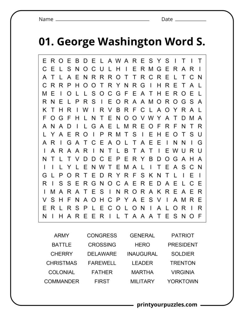 George Washington themed word search puzzle with historical terms like Delaware, Yorktown, and President.