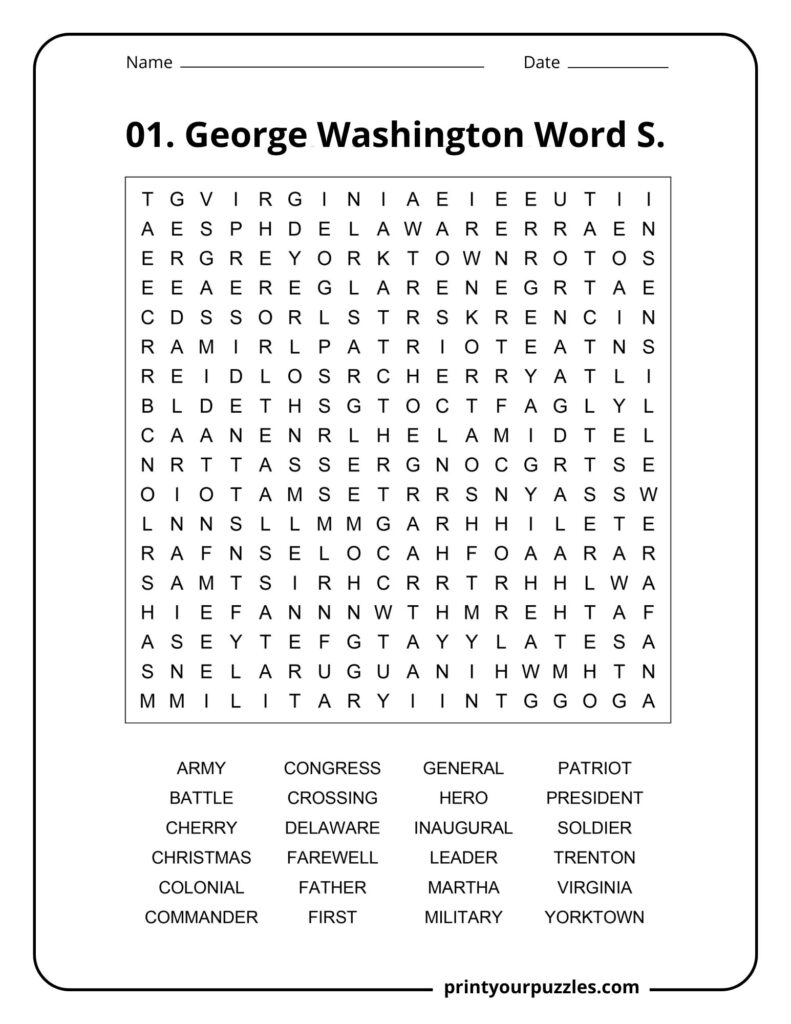 Medium difficulty George Washington word search puzzle with terms like Virginia, Yorktown, patriot, and military.