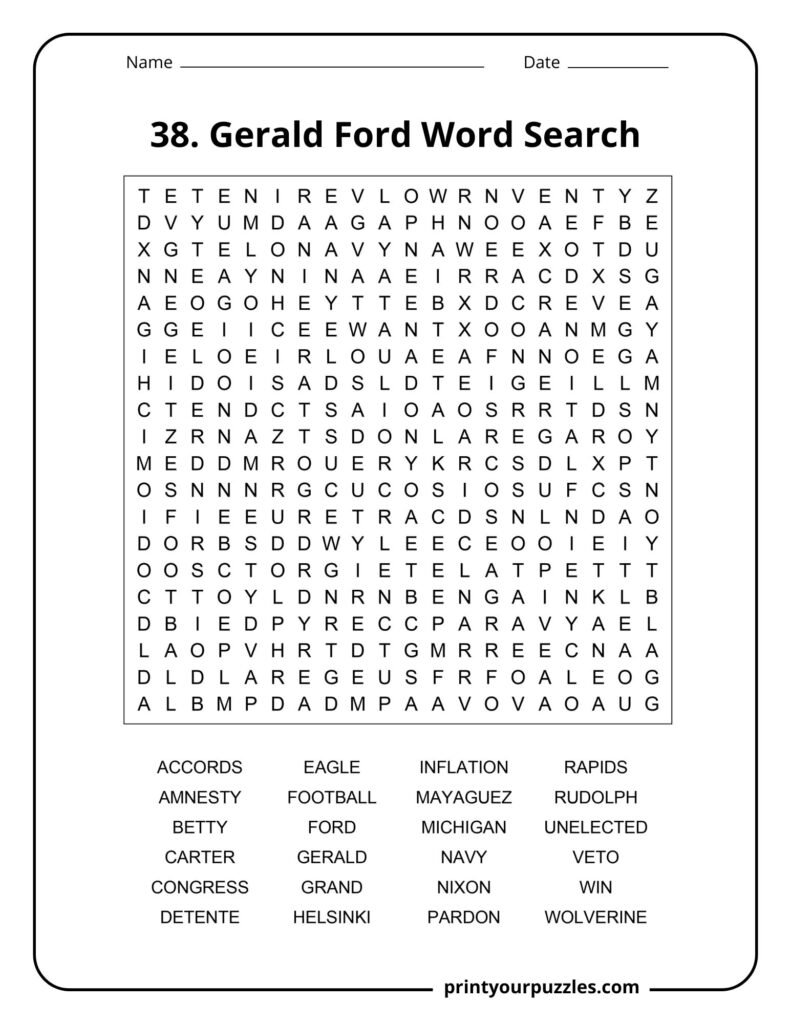 Hard Gerald Ford word search puzzle with dense grid and 24 presidential and historical terms.