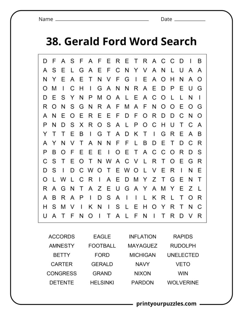Medium Gerald Ford word search puzzle with clear layout and 24 political and historical terms.