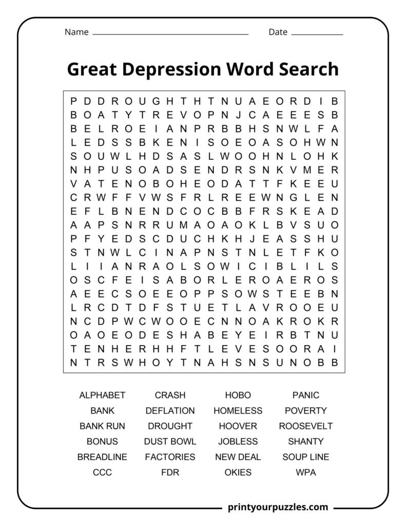Hard Great Depression word search printable with 24 history terms for classroom and homeschool activities.