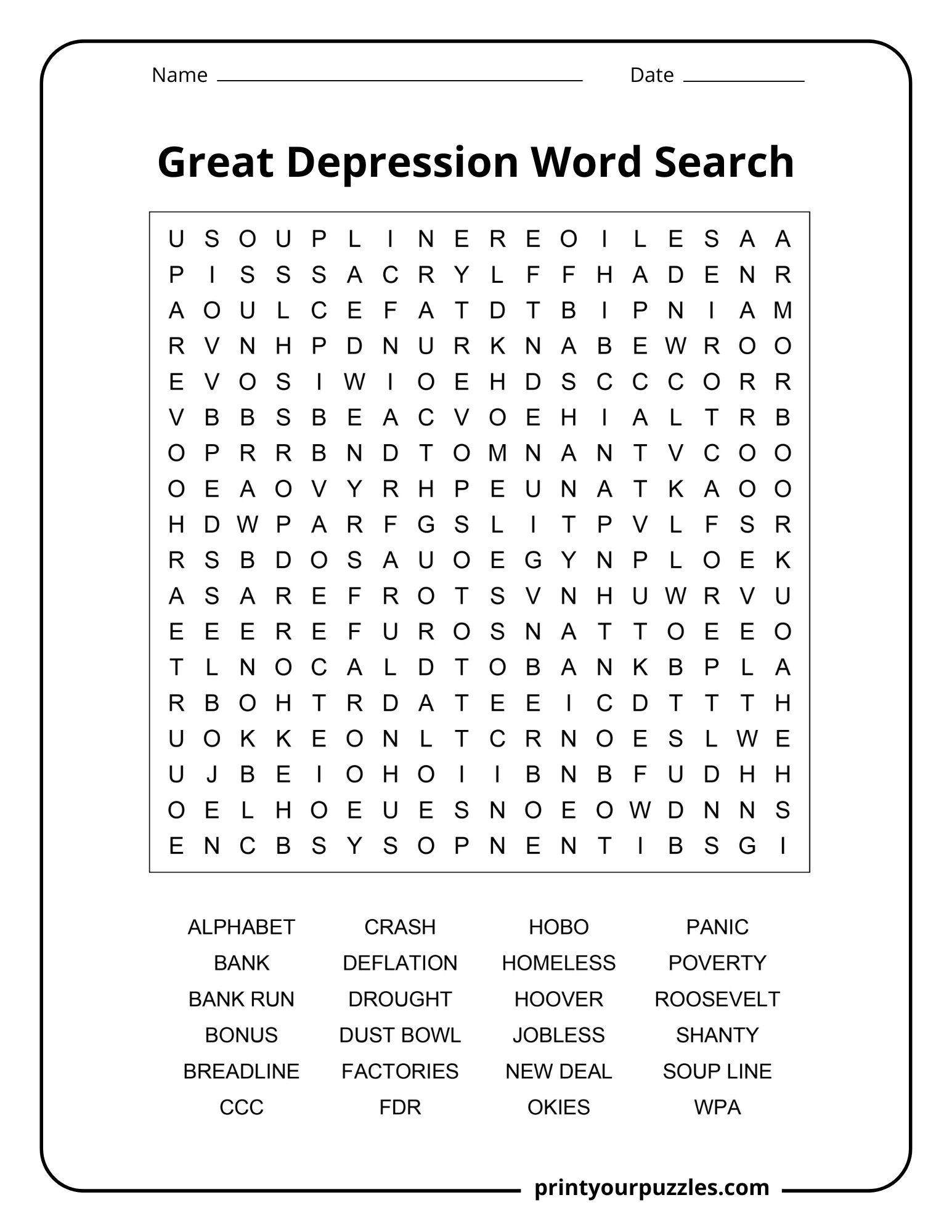Medium Great Depression word search worksheet with 24 economic history terms for students and teachers.