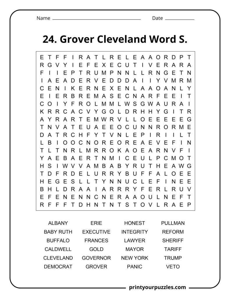 Hard Grover Cleveland word search puzzle with a 20x20 grid and terms about the 24th U.S. president.
