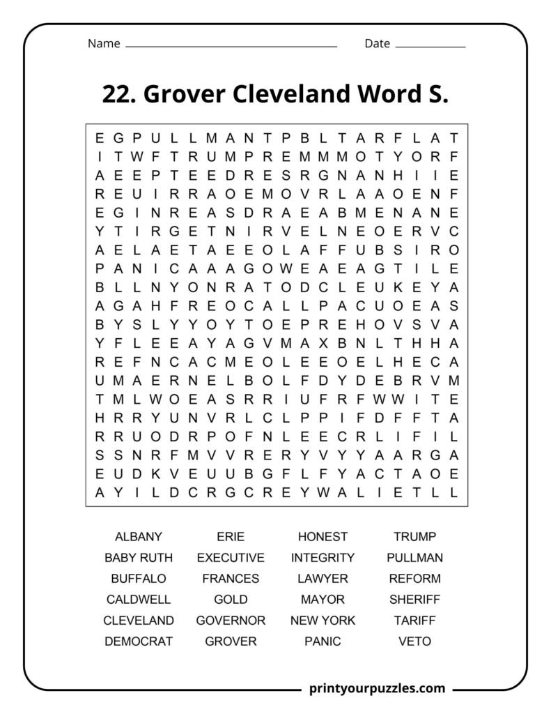 Hard Grover Cleveland word search puzzle with a 20x20 grid and vocabulary about the 22nd U.S. president.