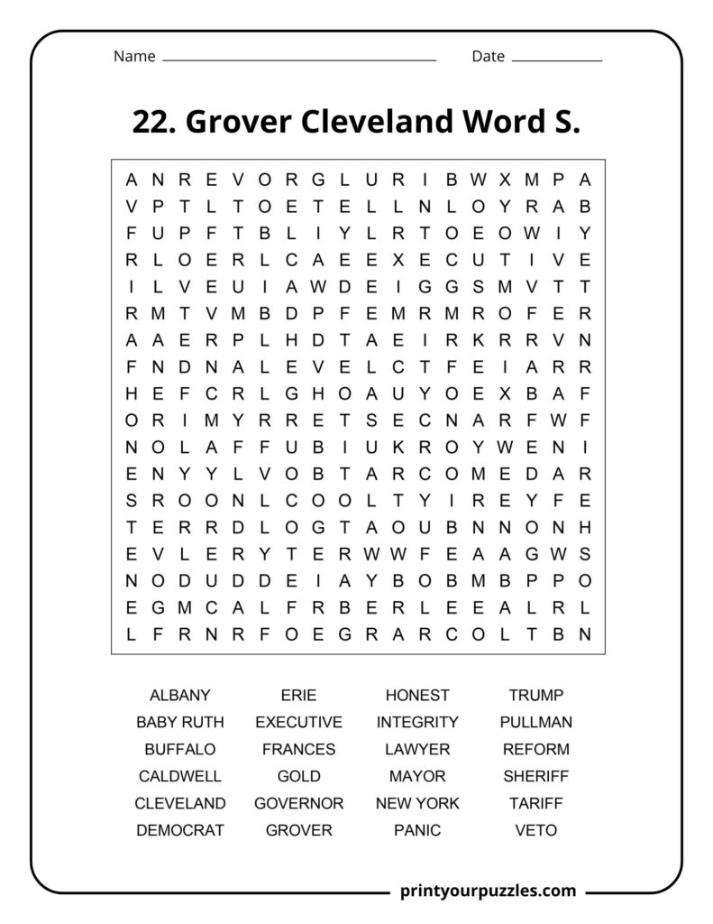 Medium difficulty Grover Cleveland word search puzzle with U.S. history and presidency vocabulary.
