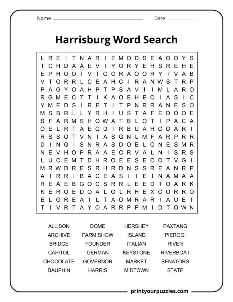 Hard Harrisburg word search puzzle featuring a dense grid and 24 city-related terms to find.