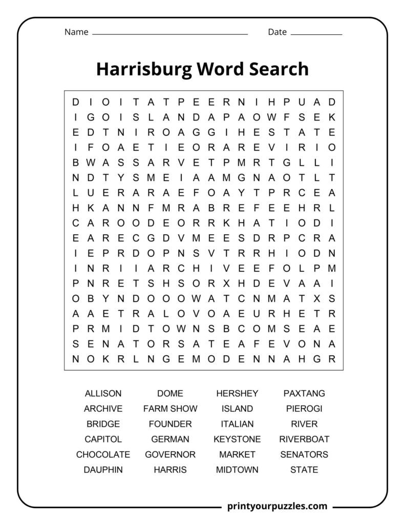 Medium-difficulty Harrisburg word search puzzle showing a clear grid with 24 themed city terms.