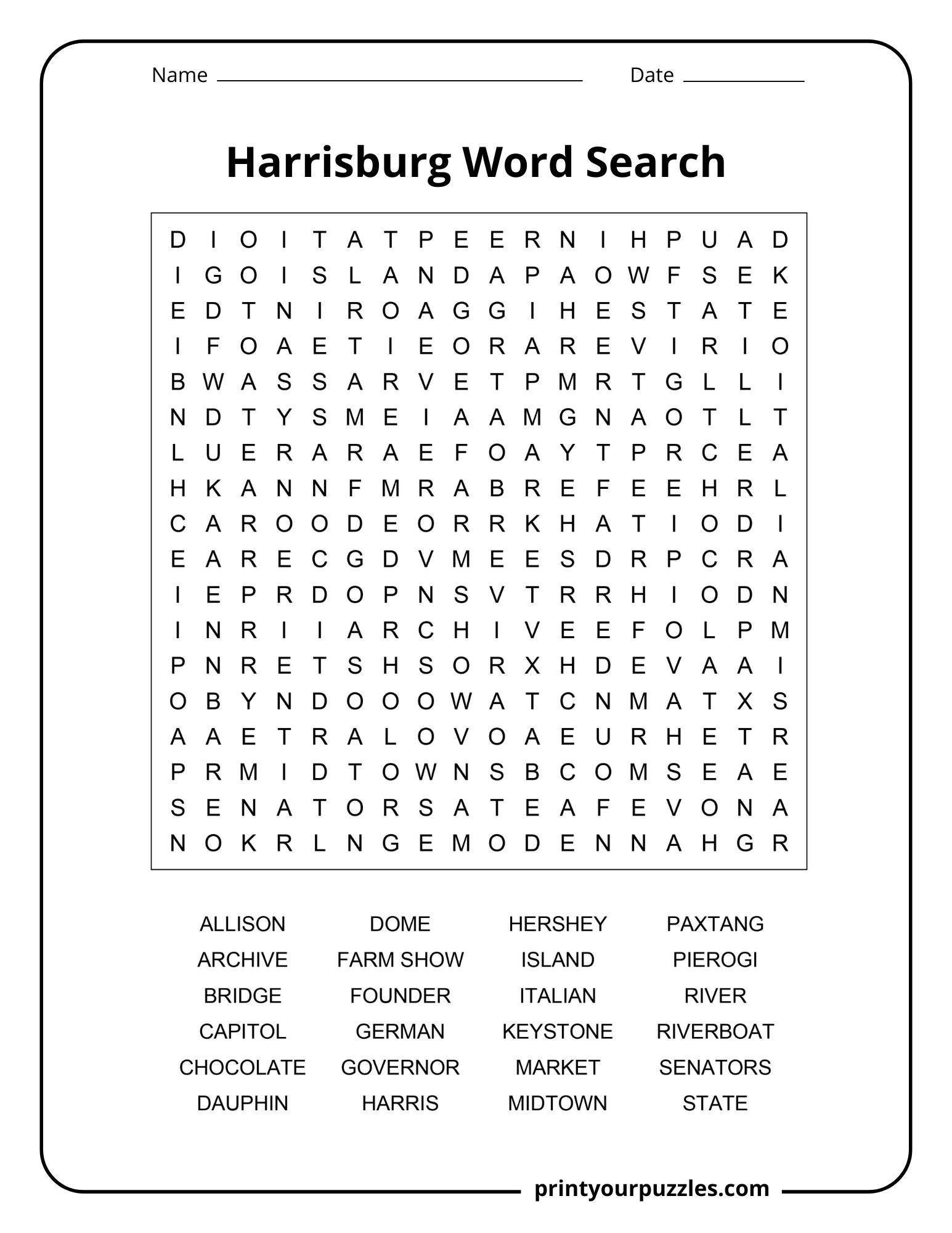 Medium-difficulty Harrisburg word search puzzle showing a clear grid with 24 themed city terms.