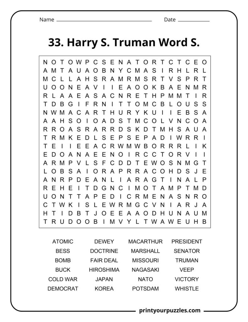 Hard Harry S. Truman word search puzzle with a 20x20 grid and terms about the 33rd U.S. president.
