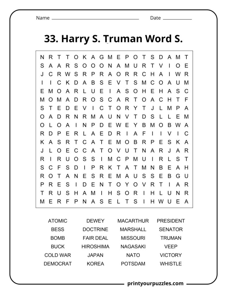 Medium difficulty Harry S. Truman word search puzzle featuring U.S. history and presidency vocabulary.