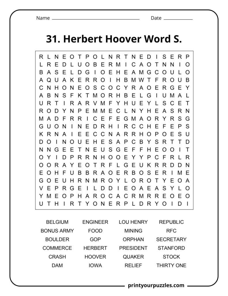 Hard Herbert Hoover word search puzzle with a 20x20 grid and vocabulary about the 31st U.S. president.
