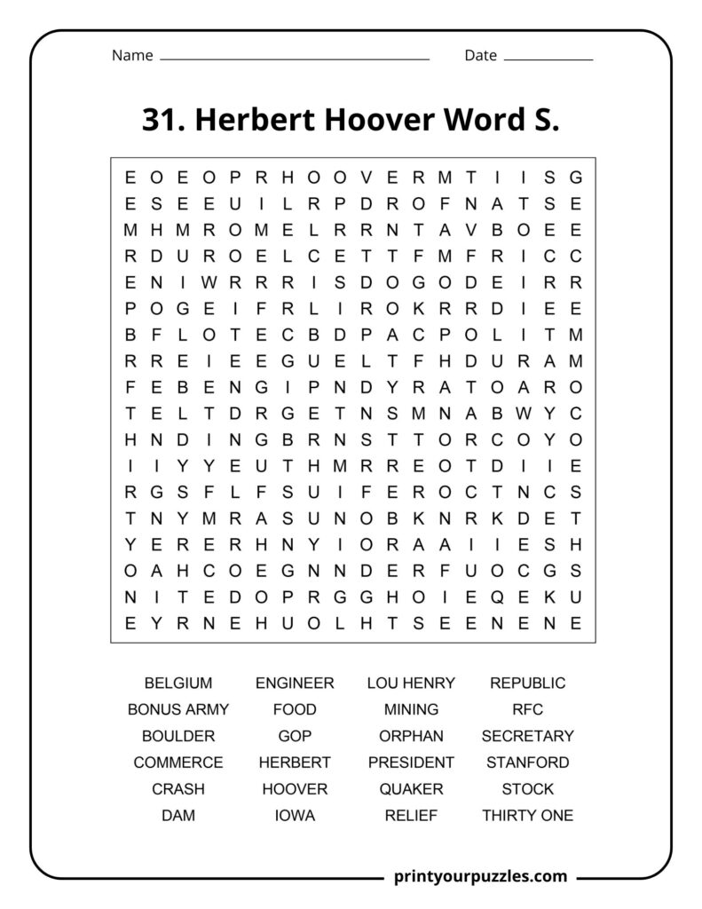 Medium difficulty Herbert Hoover word search puzzle with U.S. history and presidency vocabulary.