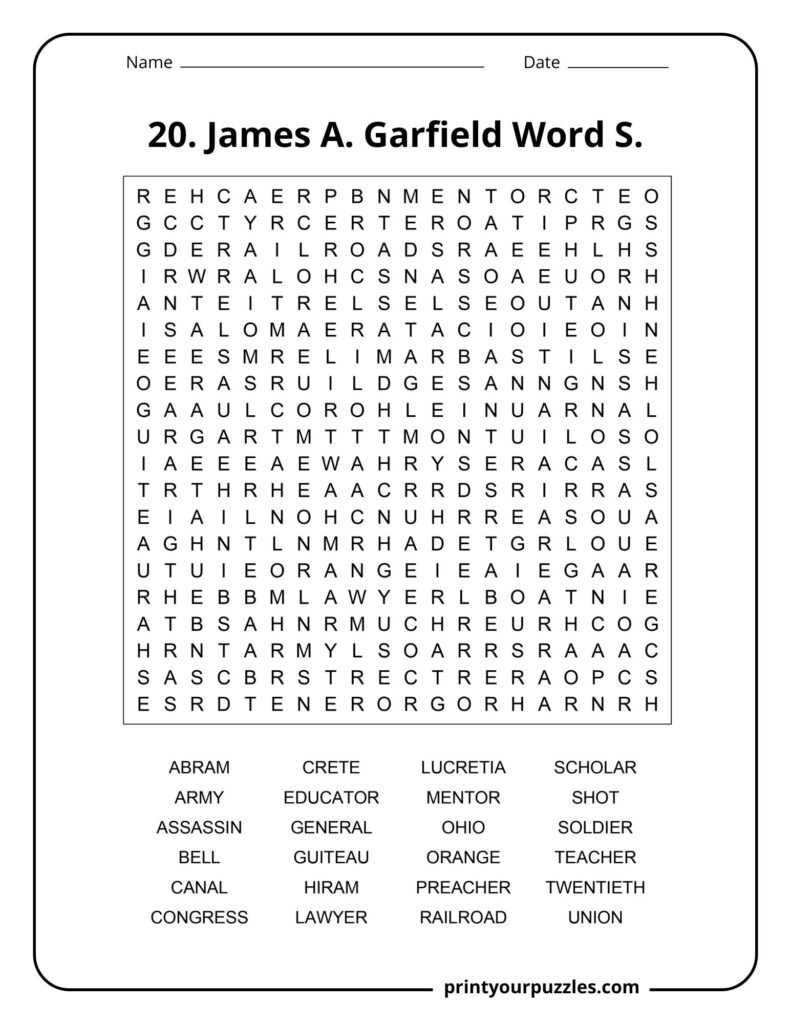Hard James A. Garfield word search puzzle with a 20x20 grid and U.S. history vocabulary.