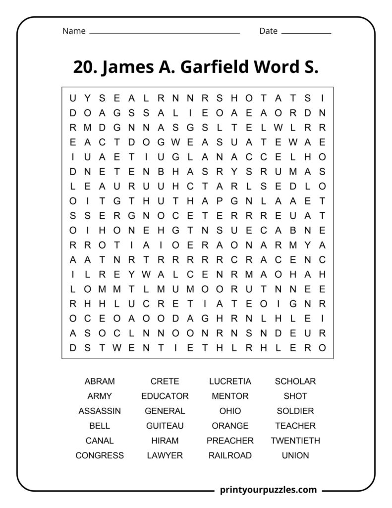 Medium difficulty James A. Garfield word search puzzle with U.S. history and presidency terms.