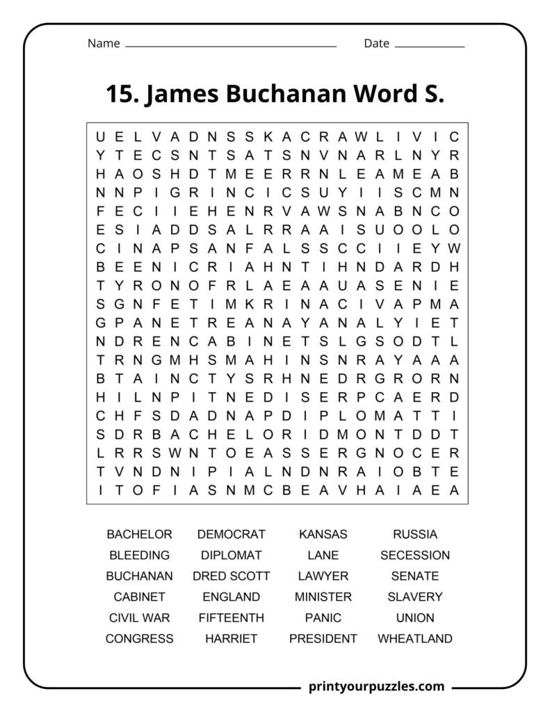Hard James Buchanan word search puzzle with 20x20 grid and historical terms about the 15th U.S. president.