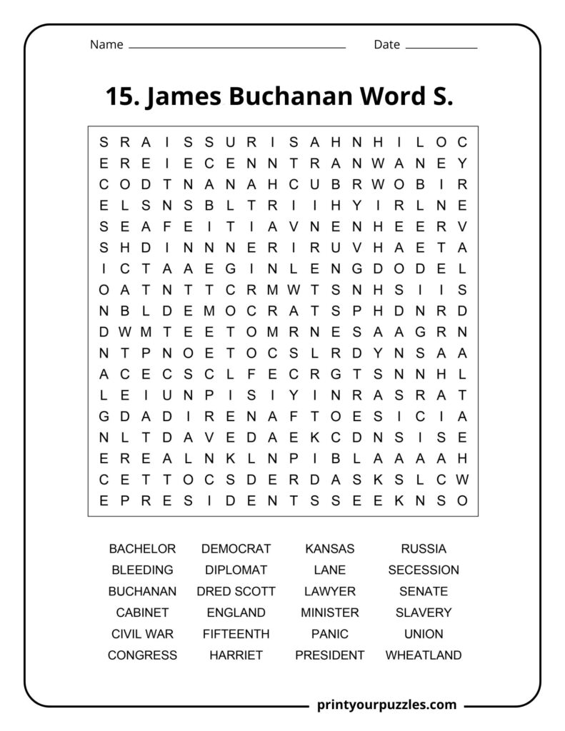 Medium difficulty James Buchanan word search puzzle with historical vocabulary about the 15th U.S. president.