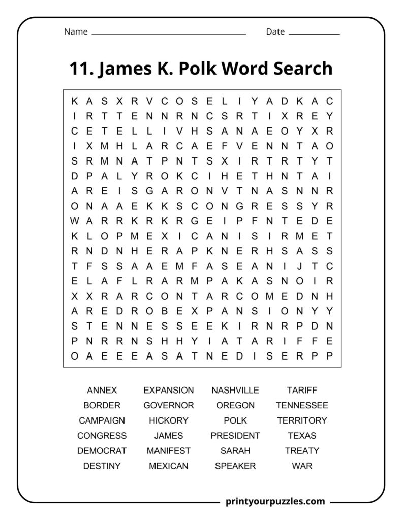 Medium difficulty James K. Polk word search puzzle with U.S. history vocabulary related to the 11th president.