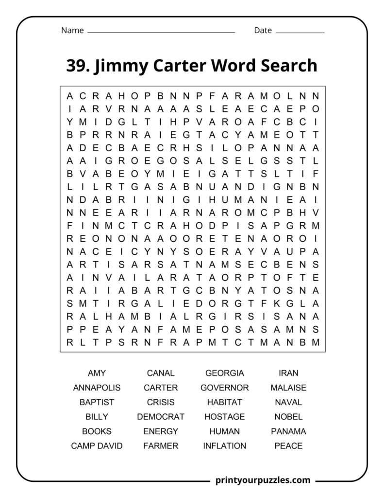 Hard Jimmy Carter word search puzzle with dense grid and 24 historical and political terms.