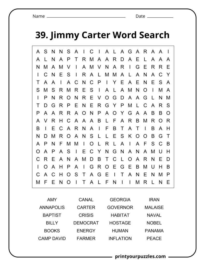 Medium Jimmy Carter word search puzzle with clear grid and 24 political and historical terms.