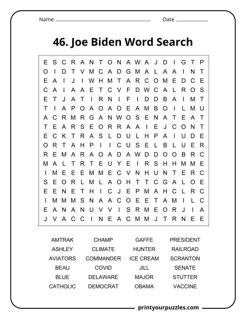 Joe Biden themed medium difficulty word search puzzle with balanced grid and clearly organized keyword list.