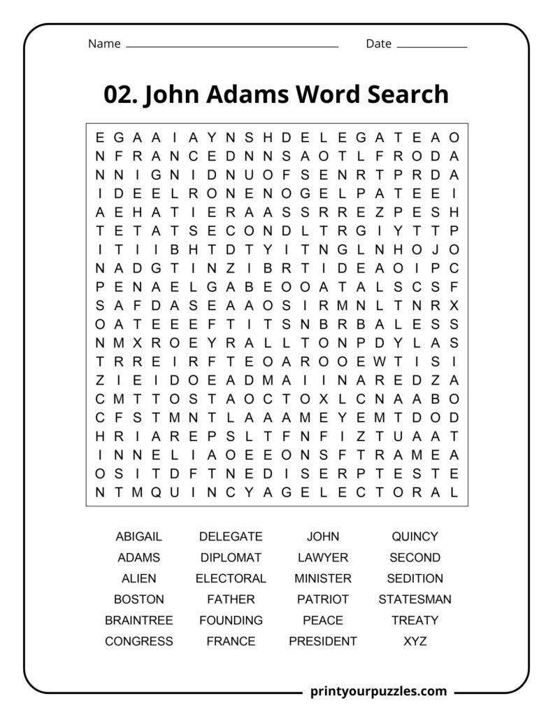 John Adams word search puzzle featuring historical terms like Abigail, Congress, Treaty, and President.