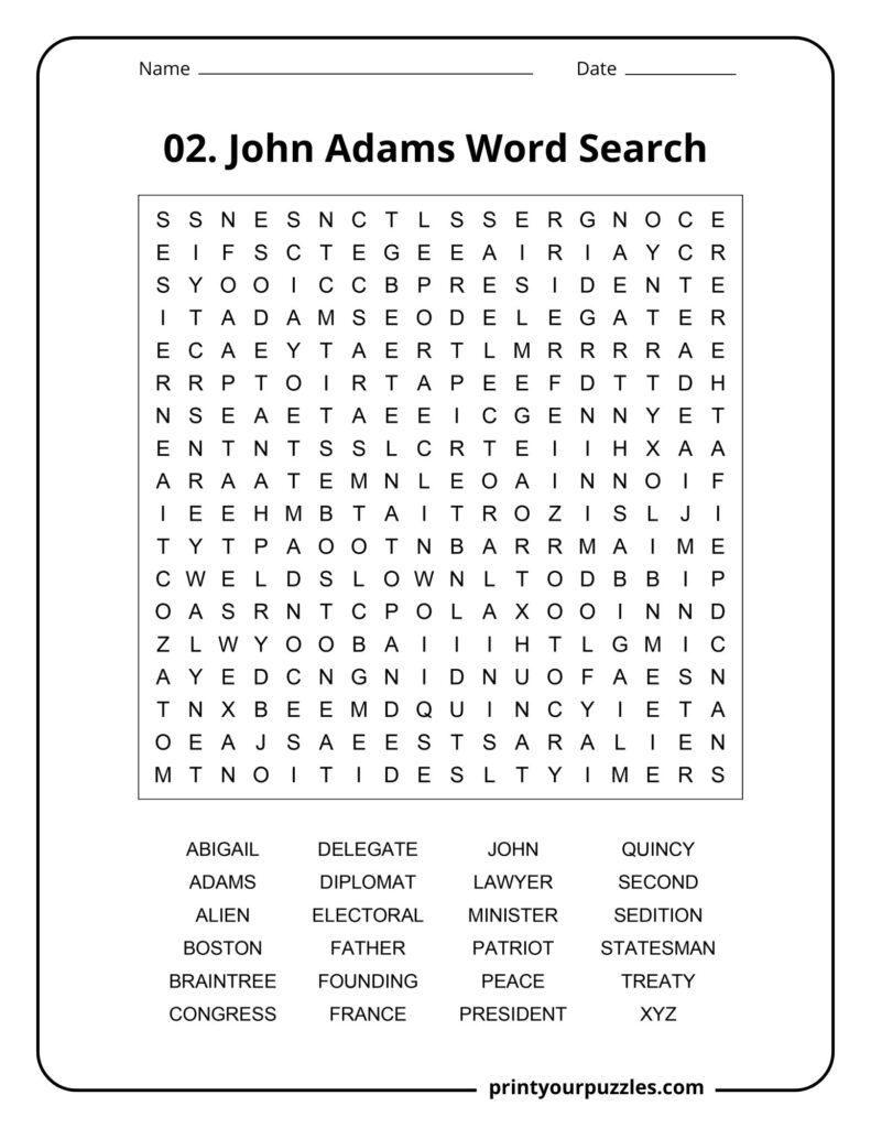 Medium difficulty John Adams word search puzzle with terms like Quincy, Boston, Patriot, and Minister.