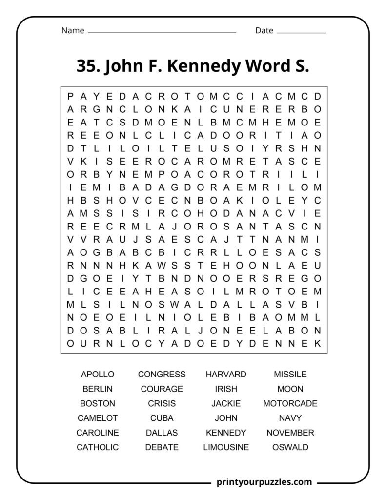 Hard word search puzzle featuring John F. Kennedy terms like Apollo, Cuba, Dallas, and Cold War events.